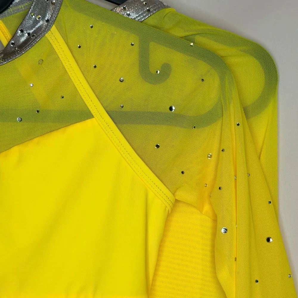 Double Platinum Kids Neon Yellow Rhinestone Dance Leotard with Skirt Size MC